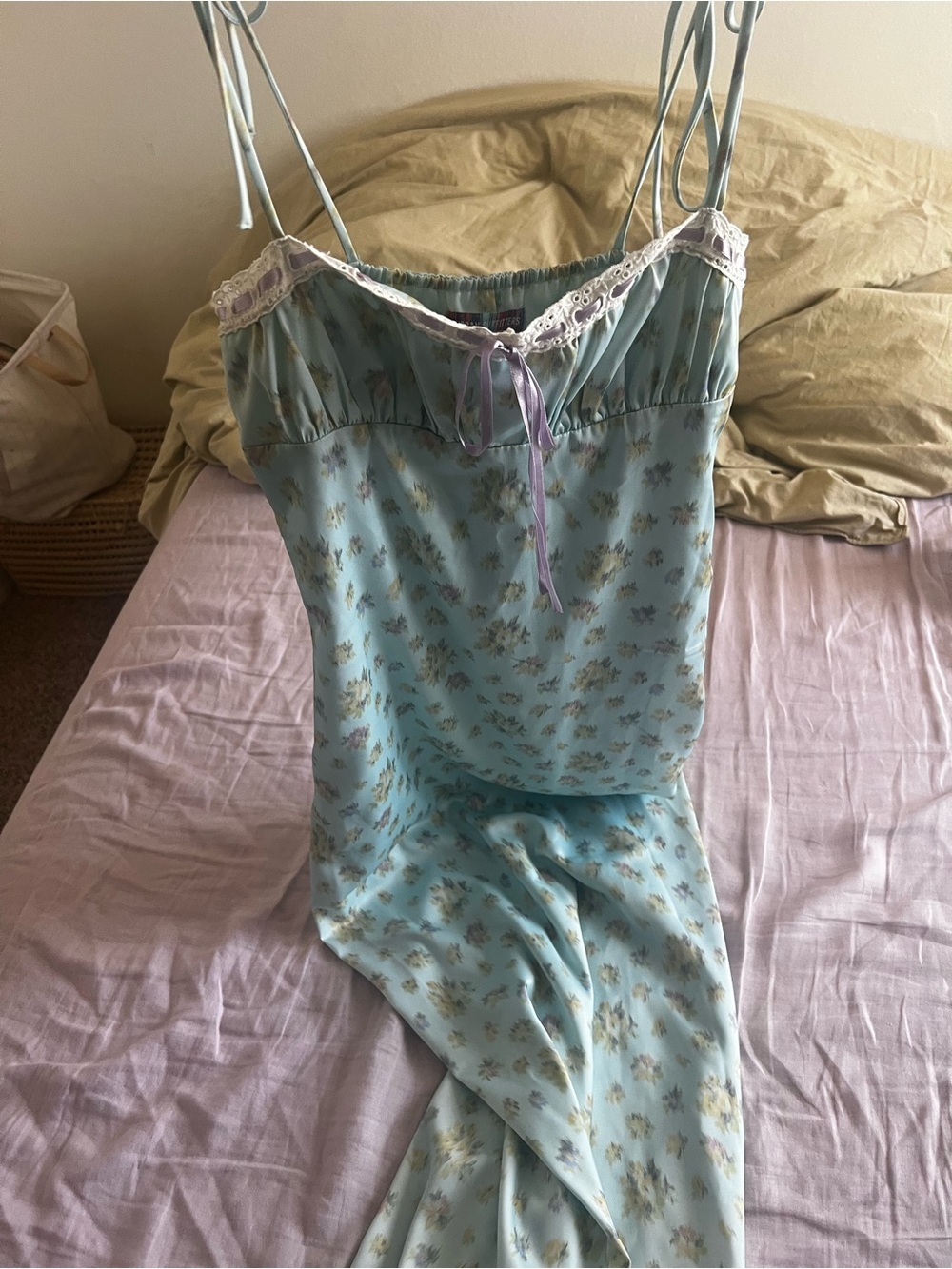 Urban Outfitters Light Blue Floral Satin Slip Dress with Pink Lace Trim - Picture 6 of 8